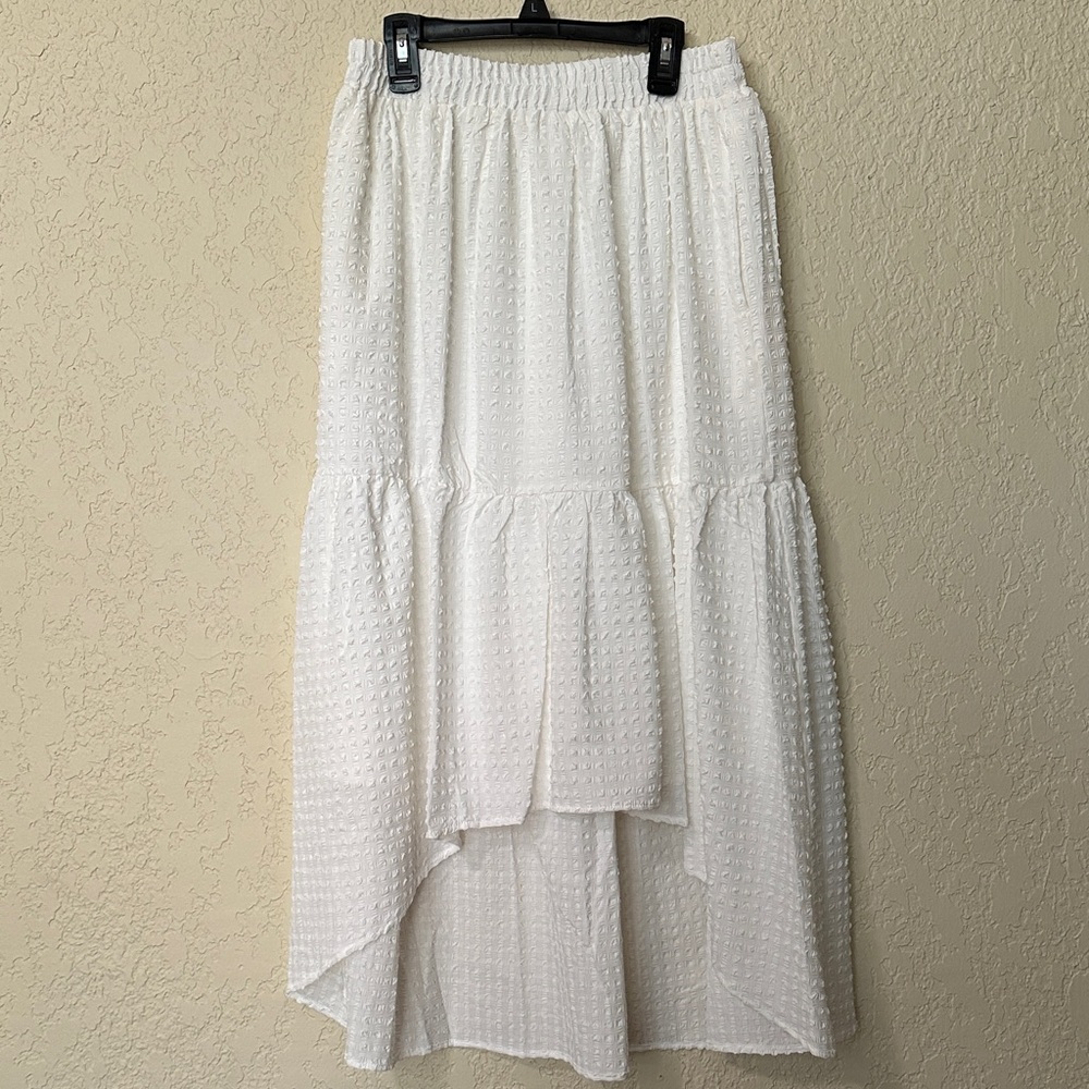 Calista Textured White High-Low Maxi Skirt with Elastic Waist S